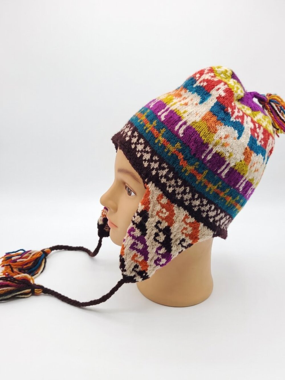 Hand-knitted Andean sheep's wool chullo with traditional Cusco design.